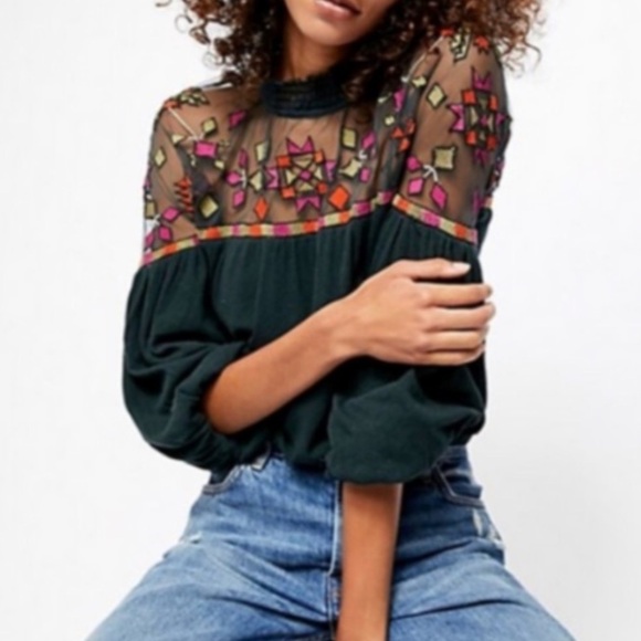 Free People NEW Boho Embroidered High Neck Lace Inset Billowy Sleeve Top M - Picture 1 of 7